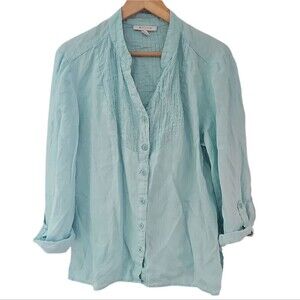 JM Collection 100% Linen Button Front Blouse Sz 16 Aqua Blue Pintuck Top Resort